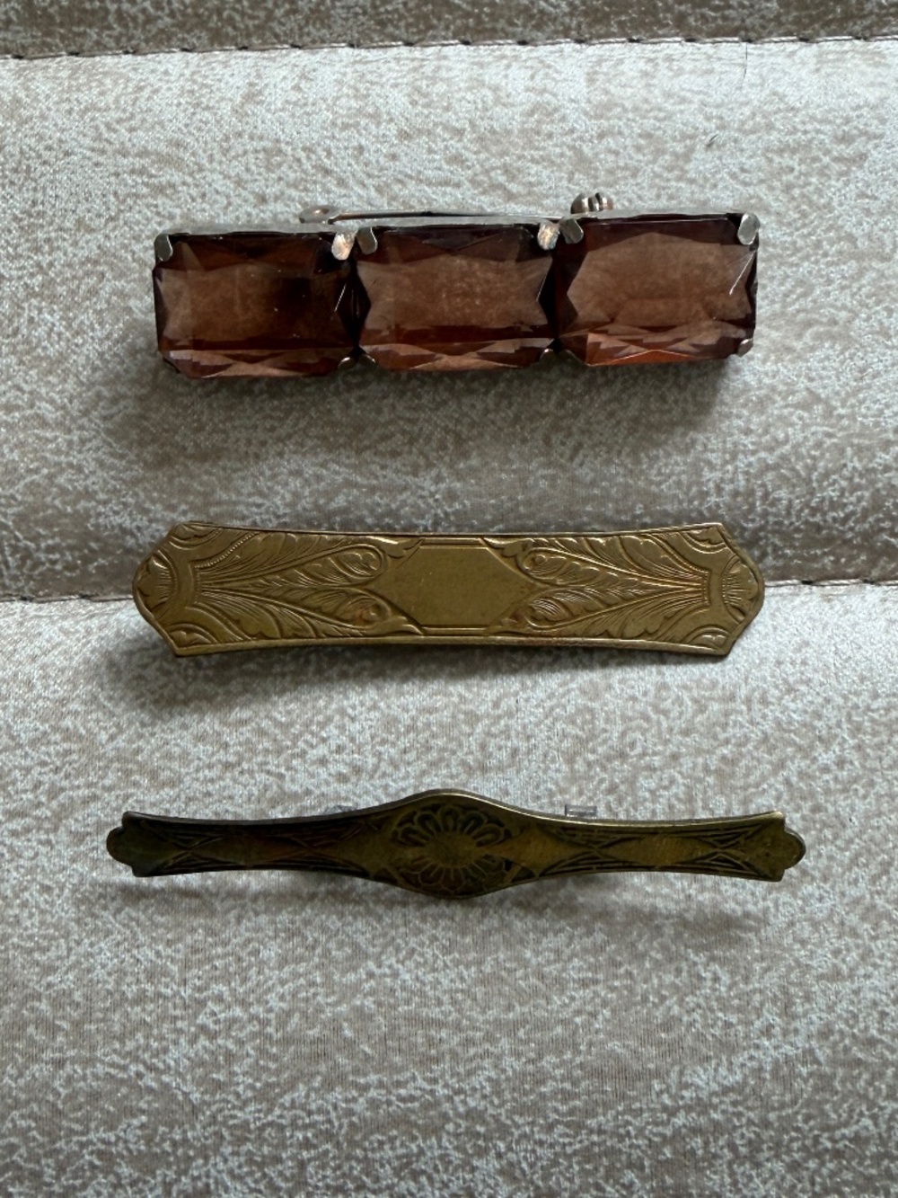 Lot of 3 Vintage & Antique Style Bar Brooches - Topaz Rhinestone & Brass